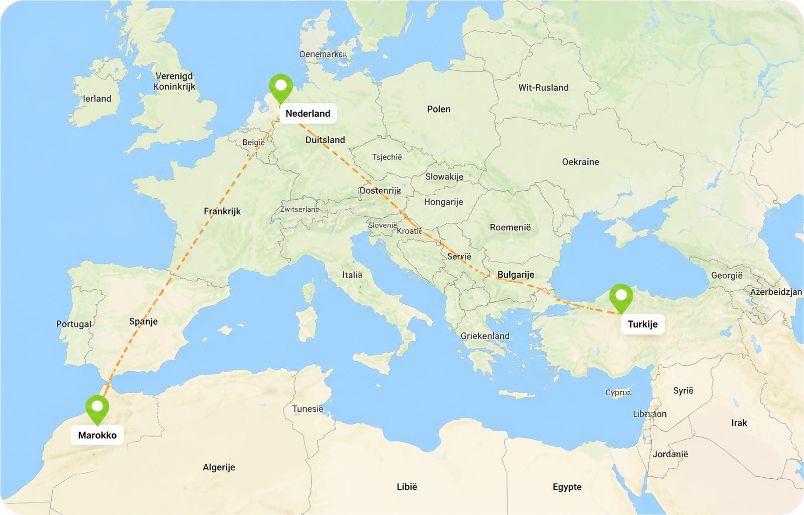 Routekaart vanuit Nederland richting Turkije en Marokko voor GPS Tracker Vakantiepakket