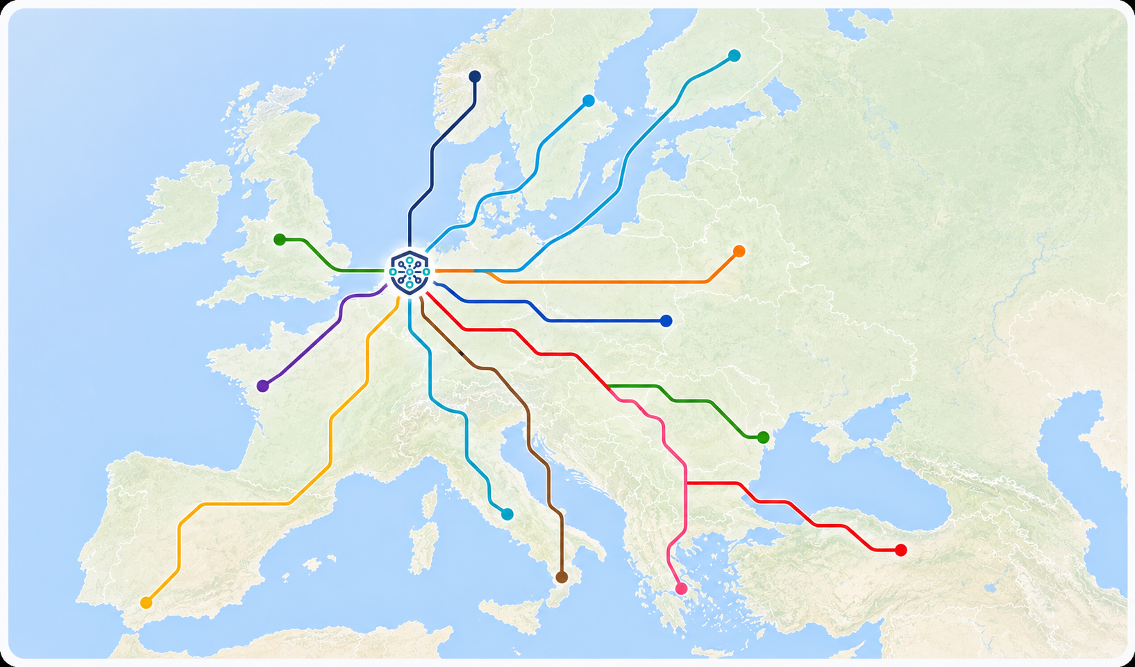 Kaart met indicatieve autovakantieroutes vanuit Nederland richting Zuid-Europa, Scandinavië, Turkije en Marokko